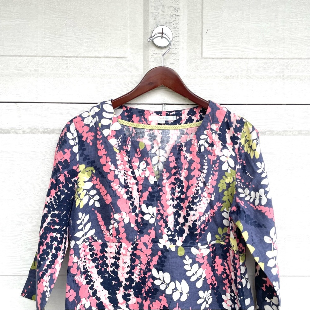 Boden Womens Dress Blue Pink Multi Floral Linen Split V Neck 3/4 Sleeve Size 10 - Picture 4 of 11